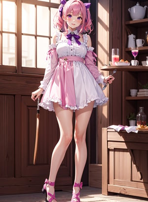 1girl, minami kotobuki, long pink hairs, pink purple shade eyes, white fork , house , neck pink bow,cute breast,cute full face, full body, absurdes,high res, ultrashrap, 8k, masterpiece looking at viewer.