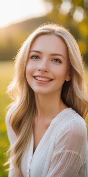 A cute woman with long, flowing blonde hair, grey eyes, glossy lips - her expression is one of joyful contentment as she gazes warmly into the camera, sun is shining, happy