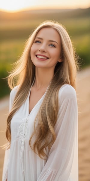 A cute woman with long, flowing blonde hair, grey eyes, glossy lips - her expression is one of joyful contentment as she gazes warmly into the camera, sun is shining, happy