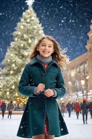 A very beautiful Christmas tree is twinkling in the plaza in front of the city's landmark department store. Beautiful snow is falling and the girl is wearing a skirt and coat with a gentle smile in front of the tree. Detailed facial expressions, detailed hands, bright smile,