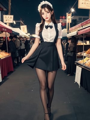 (Maid uniform costume))), 1 girl looking at the viewer, slightly lifting her skirt and sexy young athletic woman, perfect slim body, night market background, exquisitely perfect symmetrical very gorgeous face, exquisite delicate crystal clear skin, detailed and beautiful delicate eyes, light contrast, RAW photo, symmetrical photo, (transparent heels))), (Full_body_shot))), (pantyhose))), 