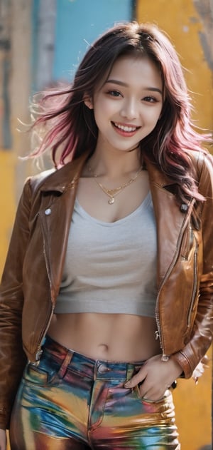 1 woman, full body, sexy, powerfulGorgeous eyeshadow, gorgeous eyemake, 23 years old, gray eyes, gorgeous leather jacket, colorful pants, straight long pigtails, beautiful laughter, bursting laughter, epic details 8k, ultra high definition, gold neckless, Canon EOS 5D,  ...