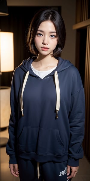 Realistic, girl photo, short hair style, hoodie, sweatpants, studio lighting,