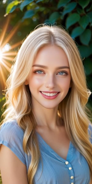 A cute woman with long, flowing blonde hair, grey eyes, glossy lips - her expression is one of joyful contentment as she gazes warmly into the camera, sun is shining, happy,more detail XL,FilmGirl