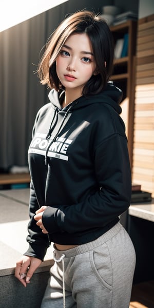 Realistic, girl photo, short hair style, hoodie, sweatpants, studio lighting,