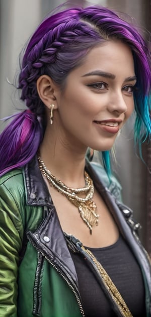 1 Mexican woman in her 20s with bold braided purple and green hair and leather jacket, full body, sexy, powerful, gorgeous eyeshadow, gorgeous makeup, grey eyes, colorful leather jacket, colorful pants, straight long pigtails, beautiful laughter, bursting laughter, epic details 8k, ultra high definition, gold neckless, Canon EOS 5D, 