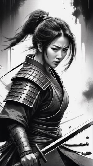  hand drawn, dark, gritty, realistic sketch, Rough sketch, mix of bold dark lines and loose lines, bold lines, on paper, turnaround character sheet, insanely detailed, masterpiece, best quality, 8k, ultra high res, High contrast and low saturation, Add a scene to the illustration where the armored female samurai warrior is about to strike with full force. Capture the moment of her sword slicing through the air, depicting the warrior's determination and skill in combat. Enhance the illustration with elements that convey the tension of the battlefield in the background, creating a vivid and intense combat scene. (Japanese ink painting) techniques. Striving for simplicity yet strength, this artwork aims to express the samurai spirit and the identity of Japan. The contrast between black and white enhances the unique beauty created by the strokes of the ink brush, sharp focus. Better hand, perfect anatomy. by AYMSHANK