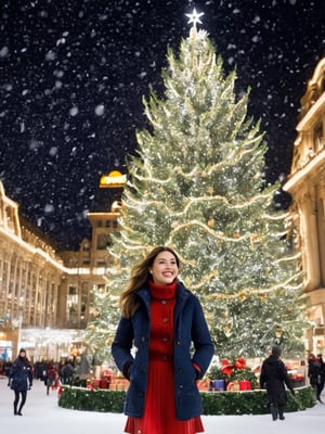 A very beautiful Christmas tree is twinkling in the plaza in front of the city's landmark department store. Beautiful snow is falling and the girl is wearing a skirt and coat with a beautiful smile in front of the tree. Detailed facial expression, detailed hands, normal hands, bright smile,christmas