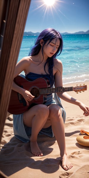 In this photographic scene, a woman finds solace on a beach, her toes sinking into the golden sand. The sound of her guitar resonates through the air as the sun reaches its peak, creating peaceful midday vista.,raidenshogundef