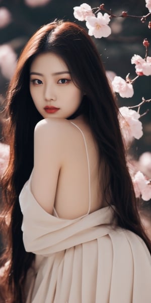 Ultra-high definition, studio lighting, cherry blossoms blowing like rain, and a beautiful woman with long hair. Dress, beautiful body line, better hands