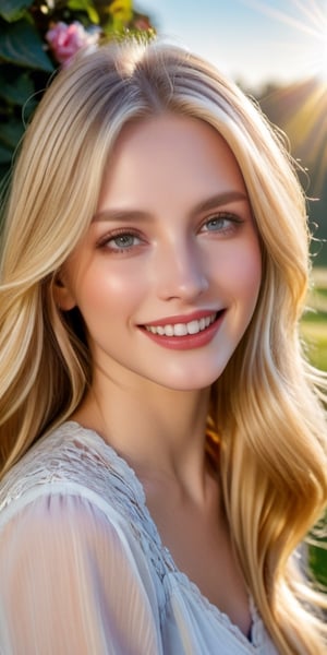 A cute woman with long, flowing blonde hair, grey eyes, glossy lips - her expression is one of joyful contentment as she gazes warmly into the camera, sun is shining, happy,more detail XL,FilmGirl
