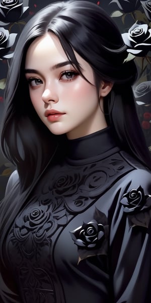 A beautiful young woman with long black hair. She is wearing a long-sleeved high-neck black dress. Black roses surround her. In the background black roses. Extremely detailed, high-quality, hyper-realistic, masterpiece photography.