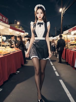 (Maid uniform costume))), 1 girl looking at the viewer, slightly lifting her skirt and sexy young athletic woman, perfect slim body, night market background, exquisitely perfect symmetrical very gorgeous face, exquisite delicate crystal clear skin, detailed and beautiful delicate eyes, light contrast, RAW photo, symmetrical photo, (transparent heels))), (Full_body_shot))), (pantyhose))), 