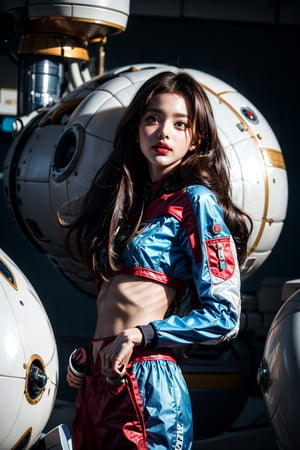 fluffy hair, ponytale, space, light hair, doctor, cute, blurry_light_background, detailed face, beautiful face, ponytales, cosmic, Futuristic Tight Clothing, In the spaceship room, astronaut, long beautiful hair, masterpiece, best quality, crop top; jacket over, photorealistic, 8k raw photo, beautiful face, looking up, perfect hand,Detailedface,MFBP1, mecha musume, ,aahana,robot,Mecha,gundam,d.va , long hair