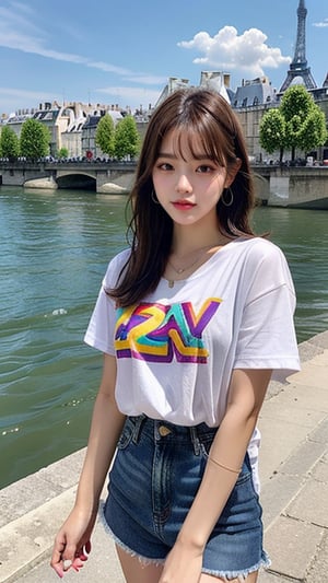 16 year old Korean woman, smiling, long brown hairstyle, simple and fashionable colorful T-shirt and shorts, blue jeans and sneakers, white sneakers, walking on the banks of the Seine River in France, background, earrings, Necklace, 150cm, (Luanmei)