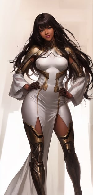 Create a beautiful dark brown skin super model , posing for photo shoot,stunning ,confident, smiling, astonishing, beautiful, high detailed , long hair, white dress.,detailmaster2,photo r3al,aesthetic portrait,mecha,avengers movie,fate/stay background