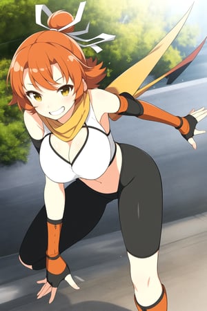 (masterpiece, best quality), fuumaSK, ninja, solo, orange hair, single hair bun, short ponytail, hair ribbon, white ribbon, short hair, yellow eyes, yellow scarf, large breasts, cleavage, black gloves, fingerless gloves, navel, black shorts, bike shorts, boots, smile, grin.