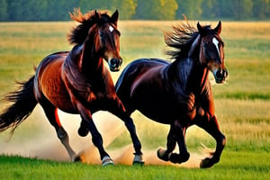 2 horses,
Speed and Power,
Companion of the Knight,
Swift as the Wind,
Vast and Endless Prairie,
Freedom and Wildness,
Vibrant Energy,
Hooves Pounding the Earth,
Racing Through the Grass,
Morning Dew on the Fur,
Mane of the Majestic Horse,
perspective,