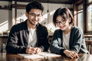 girl without glasses,boy wearing glasses,big eyes,smile,Sit side by side at the desk, looking at a panda （on the table）,3d_(artwork) ,short hair,