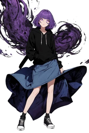 1_woman, purple-hair, short_straight hair, cross_eyes_straight_swept_bangs, exposed_middle_forhead , Indigo_eyes ,black_hoodie ,white background