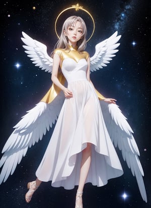 (anime coloring, anime screencap, ghibli, mappa, anime style), 1girl,, white gown, angel, angel wings, golden halo, dark background, upper body, (closed mouth:1.2), looking at viewer, arms behind back, blue theme, stars, starry night