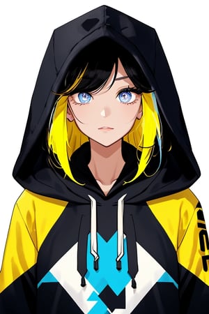 1_woman, yellow_hair, drop_tall_hair, cross_eyes_straight_swept_bangs, exposed_middle_forhead , Indigo_eyes ,black_hoodie ,white background