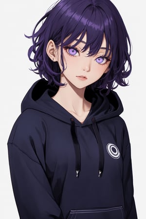 1_woman, purple-hair, short_hair, cross_eyes_straight_swept_bangs, exposed_middle_forhead , Indigo_eyes ,black_hoodie ,white background