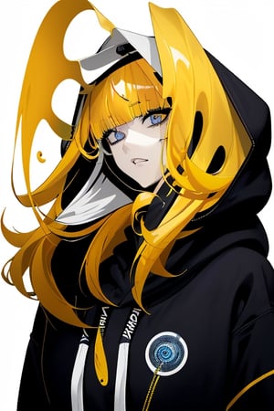 1_woman, yellow_hair, drop_tall_hair, cross_eyes_straight_swept_bangs, exposed_middle_forhead , Indigo_eyes ,black_hoodie ,white background