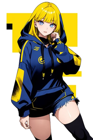 1_woman, yellow_hair, drop_tall_hair, cross_eyes_straight_swept_bangs, exposed_middle_forhead , Indigo_eyes ,black_hoodie ,white background