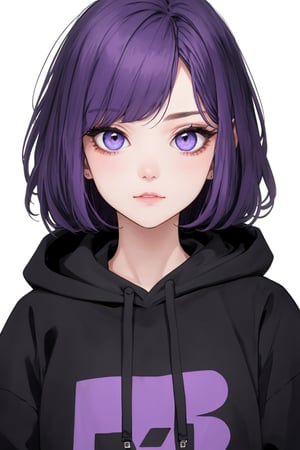 1_woman, purple-hair, short_straight hair, cross_eyes_straight_swept_bangs, exposed_middle_forhead , Indigo_eyes ,black_hoodie ,white background