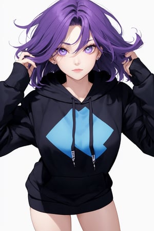 1_woman, purple-hair, short_straight hair, cross_eyes_straight_swept_bangs, exposed_middle_forhead , Indigo_eyes ,black_hoodie ,white background