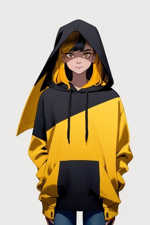 1_woman, yellow_hair, drop_tall_hair, cross_eyes_straight_swept_bangs, exposed_middle_forhead , Indigo_eyes ,black_hoodie ,white background