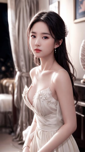 1 girl, very bright backlighting, solo, {beautiful and detailed eyes}, large breasts, dazzling moonlight, calm expression, natural and soft light, hair blown by the breeze, delicate facial features, Blunt bangs, beautiful chinese girl, eye smile, very small earrings, wearing camisole made of pedals, bedroom, 23yo, film grain, realhands,yifei