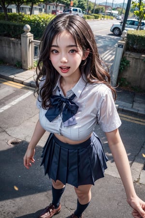 CG, (20-year-old korean girl:1.2), (giant tits:1.5), cute, happy, laughing and chatting, wet light pale skin, big eyes, thick double eyelids, wavy black hair, fluttering hair, (best quality:1.5), (photo realistic:1.4), intricate details, ultra detailed, perfect details, natural lighting, (dynamic angle:1.1), (full body shot:1.3), a few away, (shot from below:1.2), (looking at the camera:1.1), embarrassed blush, wide open mouth, tongue sticking out, sailor school uniform, white collared shirt, see-through, short dark blue pleated skirt, short white socks, black loafers, huge hips