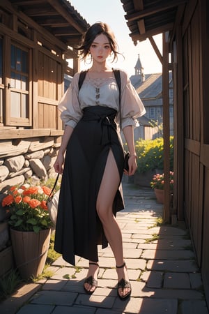 (Masterpiece, Photorealistic, 8K resolution, Ultra High Quality, Incredibly Detailed, Cinematic lighting, Perfect anatomy, RAW),  Medieval town, cobblestone street, young girls selling flowers, dressed in simple medieval peasant attire, no modern items, surrounded by rustic buildings, warm summer day, narrow waist, bare legs,highres