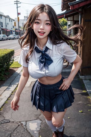 CG, (20-year-old korean girl:1.2), (giant tits:1.5), cute, happy, laughing and chatting, wet light pale skin, big eyes, thick double eyelids, wavy black hair, fluttering hair, (best quality:1.5), (photo realistic:1.4), intricate details, ultra detailed, perfect details, natural lighting, (dynamic angle:1.1), (full body shot:1.3), a few away, (shot from below:1.2), (looking at the camera:1.1), embarrassed blush, wide open mouth, tongue sticking out, sailor school uniform, white collared shirt, see-through, short dark blue pleated skirt, short white socks, black loafers, huge hips