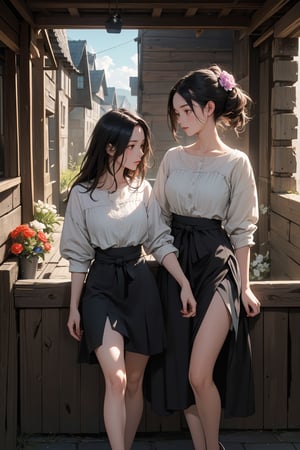 (Masterpiece, Photorealistic, 8K resolution, Ultra High Quality, Incredibly Detailed, Cinematic lighting, Perfect anatomy, RAW),  Medieval town, cobblestone street, young girls selling flowers, dressed in simple medieval peasant attire, no modern items, surrounded by rustic buildings, warm summer day, narrow waist, bare legs,highres