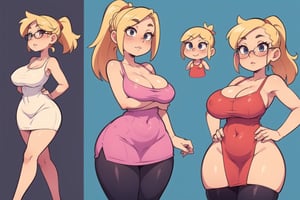 Solo. Mother, (mature female:1.5), (big lips:1.2), (blond ponytail hair:1.4), pale skin

(blush:1.2), (cute face:1.5), (rectangular shape eyes:1.4), glasses

(Sundress:1.3), tights,  (big legs and hips:1.3), (big breasts:1.3), 

 (Cartoon style:1.1), character design views, hd quality, 4k , very detailed,SAM YANG,EnvyBeautyMix23,milfication,hourglass body shape,hands on own chest ,1girl,mature female,v arms,breasts squeezed together ,milf,High detailed ,cloudstick
