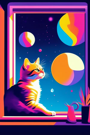 revd, retro visual design, cat in space, looking out window