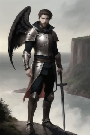 A 20 year old warrior, Paladin, aasimar, handsome, beard, brown hair, holding sword, valiant, armor, dungeons and dragons theme, standing, full body visible, facing viewer, on a cliff, shining black wings emerging from back, muscular, detailed