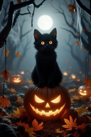 A cute black cat sits on a pumpkin, surrounded by autumn leaves and cobwebs. The scene is set at night, with a full moon casting a soft glow. The cat's eyes reflect the moonlight, and it looks curious, ears perked up. The composition is centered, with the cat in the foreground and the eerie, yet charming Halloween setting in the background.