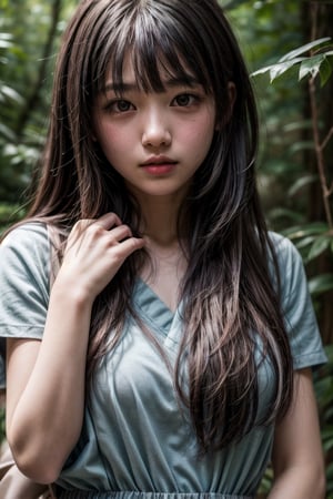 deep in the woods,looking at the audience,Focus on the face,人,little girl's body,real little girl photo,優,the light and shadow structure that makes the texture more realistic and natural,film style structure,髮,bangs,服