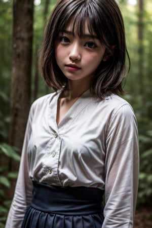 deep in the woods,looking at the audience,Focus on the face,人,little girl's body,real little girl photo,優,the light and shadow structure that makes the texture more realistic and natural,film style structure,髮,bangs,服