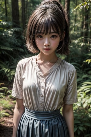 deep in the woods,looking at the audience,Focus on the face,人,little girl's body,real little girl photo,優,the light and shadow structure that makes the texture more realistic and natural,film style structure,髮,bangs,服