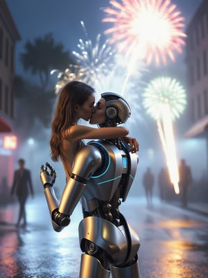 (((masterpiece))),  (((best quality)))),  ((ultra-detailed))),  perfecteyes, (((beautiful photo of the silhouette of a woman with a perfect body and elegant suit kissing a robot))) in the middle of a street, low key, professional erotic photo shoot, raining, street dripping water everywhere, fog and fireworks and confety streamers in the street, (cinematic film grain:1.1),  best quality,  ultra realistic,  ultra detailed,  (((very skinny female))),  30 years old,  (((skinny))),  photorealistic,  real photo,  8k,  realistic eyes,  detailed face and body,  center at viewer,  facing viewer, front_view,