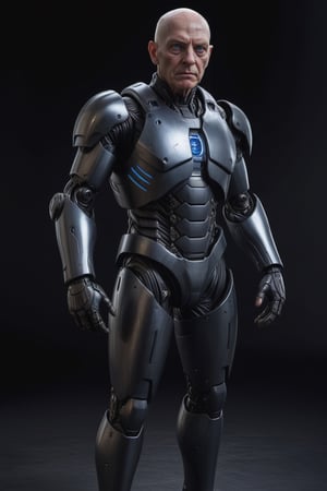 A realistic full body photograph of a creepy 70-year-old white man, with an intimidating expression, bald, no beard, scary ugly face, very thin and decrepit face, deep blue eyes, inside a colossal futuristic robotic black full body armor, dramatic illumination, hyperdetailed, hyperrealistic, 8 k,Extremely Realistic,<lora:659095807385103906:1.0>