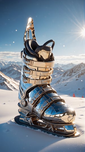 masterpiece, a giant lowpoly Nordica ski boot made of mirrors on top of the snow, very high quality, ultra high definition, 32K, ultra photorealistic, high detail, more detail, BurningMan festival style, meting point statue