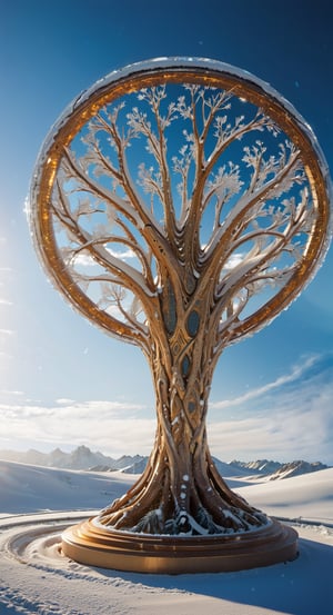 masterpiece, panels solar tree. on top of the snow, very high quality, ultra high definition, 32K, ultra photorealistic, high detail, more detail, BurningMan festival style, meting point statue
