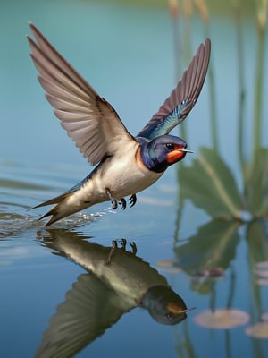 Create a highly detailed and dynamic image of a swallow in mid-flight just inches above a calm body of water, its wings spread wide and downward as if braking its speed (weight: 0.4). The bird's feathers are a deep blue with a vivid orange underbelly, and its reflection is clear in the glass-like surface of the water (weight: 0.3). The water is a muted green, suggestive of a pond or lake, with ripples emanating from the point of nearest contact to the bird (weight: 0.1). The scene is serene and isolated, with a focus on the precise moment of symmetry between the bird and its reflection (weight: 0.2). Use natural, ambient lighting to emphasize the tranquility of the scene, with a soft bokeh effect in the background to hint at a forest or lush greenery, providing a gentle contrast and depth to the composition (weight: 0.1) 