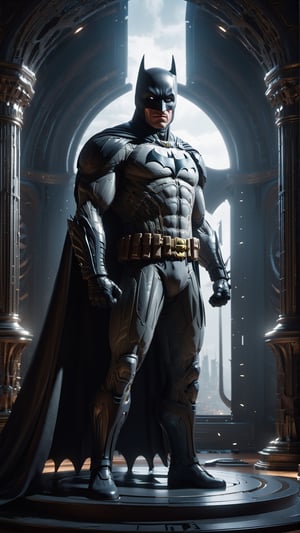 HD wallpaper of batman with a title with the words "I'M BATMAN", in the style of film noir influence, comic art, paul pelletier, reinterpreted human form, full body intensity, epic, dark and silver light, engraved line-work, trompe-l'œil illusionistic detail, high-contrast shading, hyper-detailed